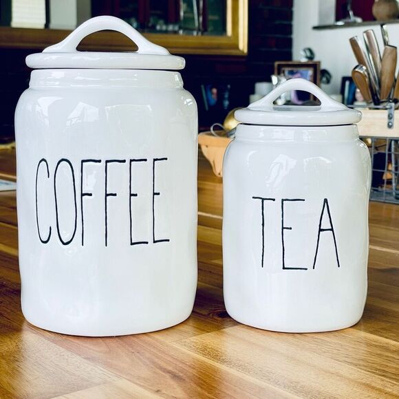 NWT Gorgeous TEA & COFFEE w/ Dimples  White & Black Glossy Ceramic Canister Set - Picture 1 of 16